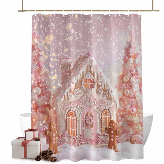 Christmas Tree Bathroom Shower Curtain Pink Xmas Ginger Bread Man House Snowflake Fantasy Waterproof Washable Shower Curtains for Bathtub Bath Decor with Grommets and Hook 72 X 72 Inch
