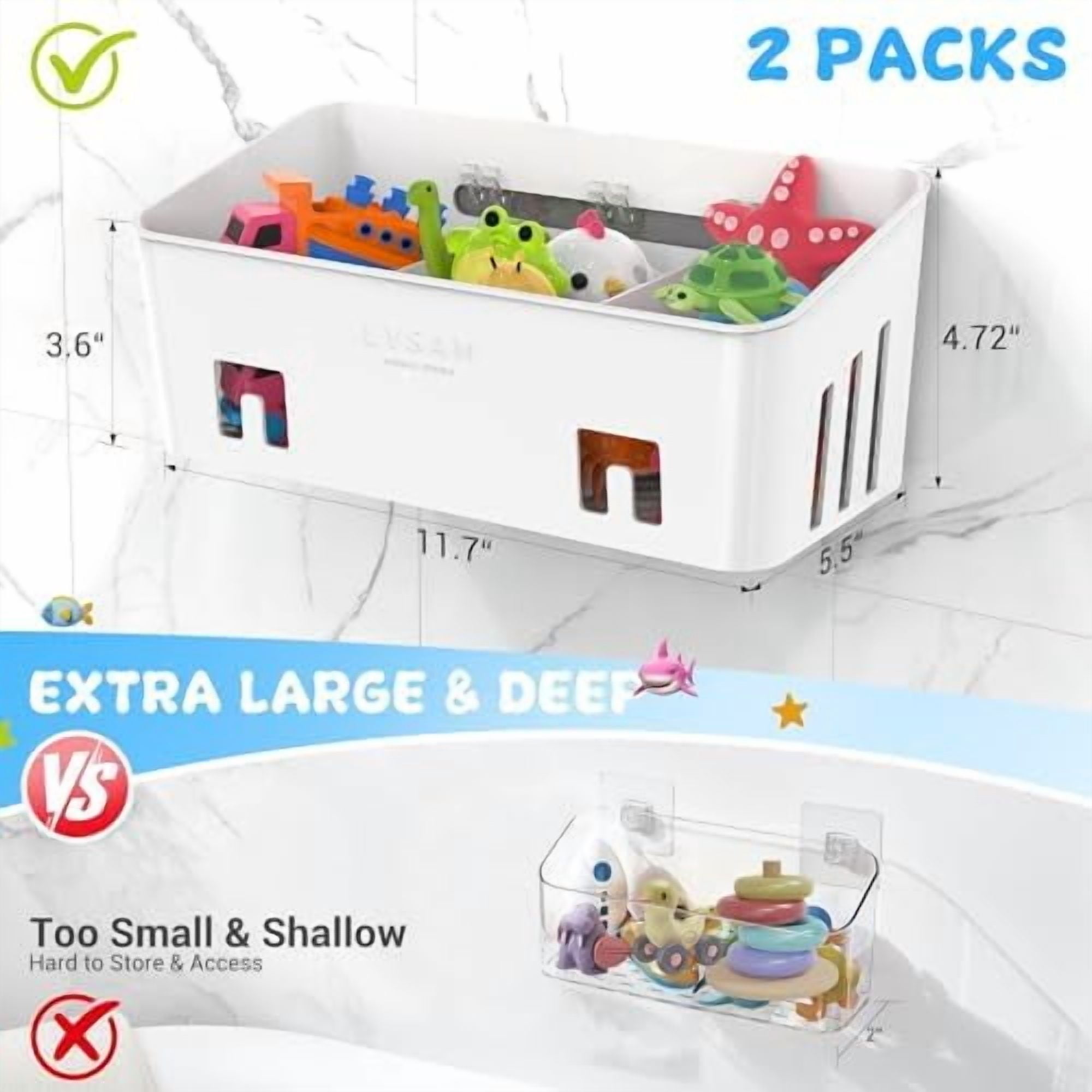 Bath Toy Storage 2 Packs, Large Bath Toy Holder with 3 Compartment, Quick Dry Bathtub Toy Organizer, Bath Tub Toy Net, Shower Toy Basket & Bin, Bathroom Accessories for Baby,Toddler,Kids（White）