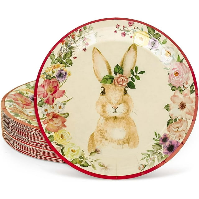 JarThenaAMCS 40Pcs Easter Paper Plates Vintage Bunny Rabbit Flower Disposable Plates Spring Floral Round Tableware Dinner Dessert Plates Easter Theme Plates for Appetizer Party Decor Supplies, 9 Inch
