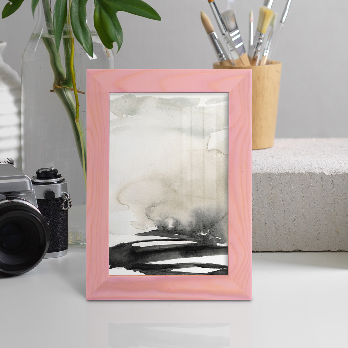 Ebony Horizon Triptych I - Framed Print w/glass - Sunset Pink