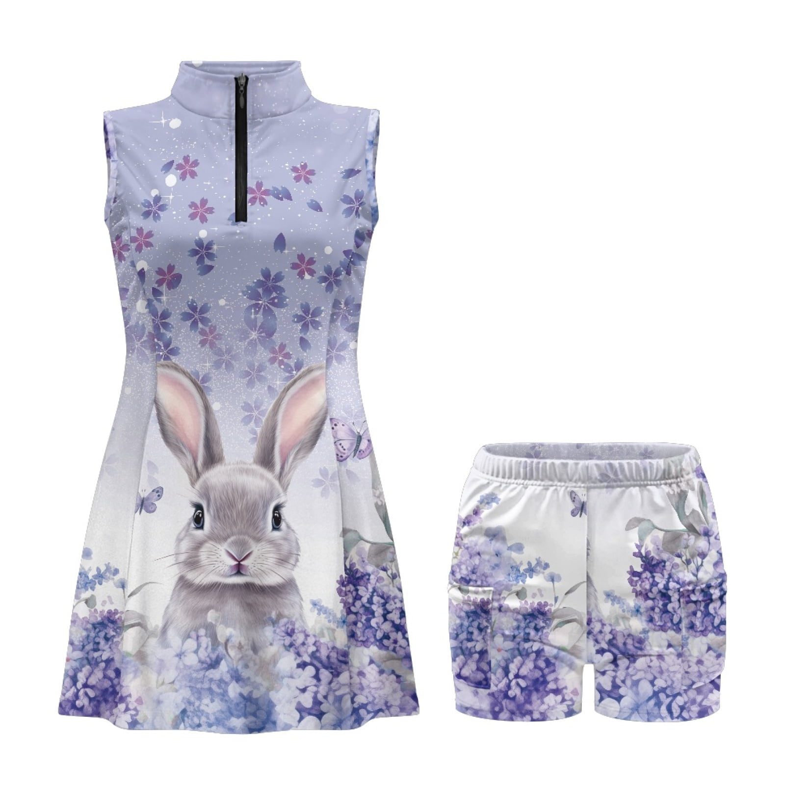 COEQINE Bunny and Purple Floral Print Golf Dresses for Women with Built in Shorts and Pockets V-Neck Sleeveless Workout Dresses 2 Piece Set Lightweight Tennis Outfits, S