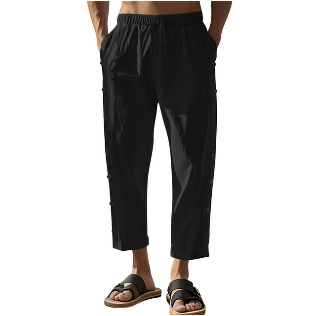hotojiny Mens Cotton Linen Pants Elastic Waist Drawstring Summer Cropped Trousers Loose Fit Side Button Beach Pants with Pockets