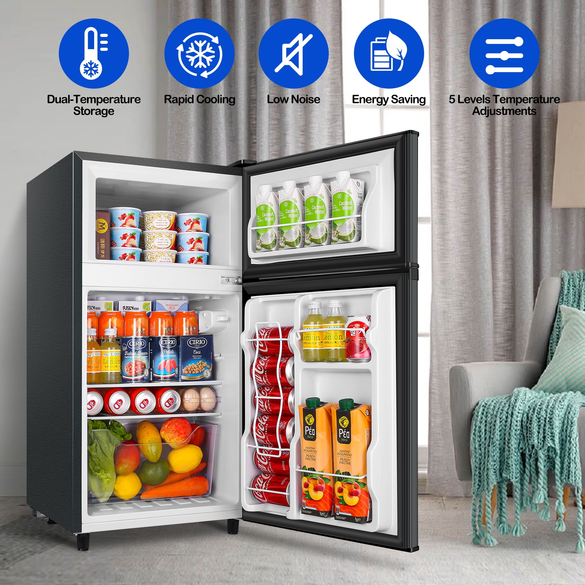 3.5Cu.ft Two Door Mini Fridge with Freezer,7 Adjustable Thermostat,17.64*17.6*33.98 inches,Apartment Size Refrigerator,Dark Grey,New