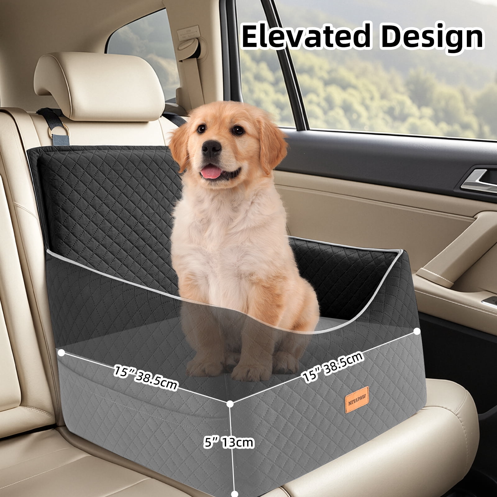NIYAPAW Elevated Dog Car Seat for Small/Medium Dogs up to 35 lbs,Memory Foam Pet Booster Seat with dog car bed, Safety Pet Seat with Seatbelt Channel，Washable and Detachable (Black)