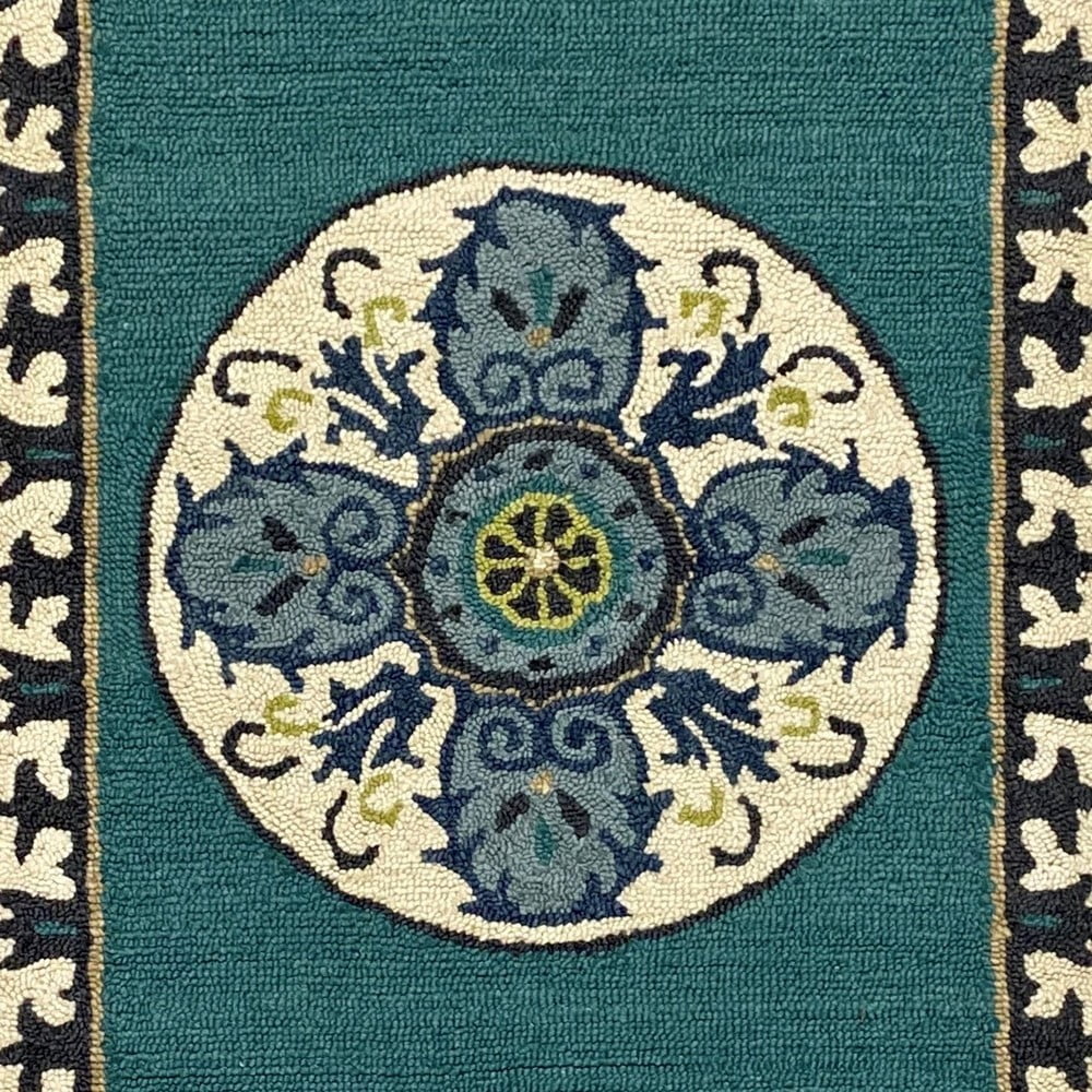 LR Home Hand Hooked 3 ft. x 5 ft. Teal and Cream Floral Bordered Medallion Wool Area Rug