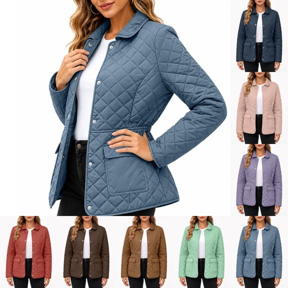 Fmbrln Women's Quilted Jacket Collared Snap Button Lightweight Coat Long Sleeve Outerwear with Pockets for Fall Winter