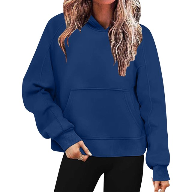 Sentmoon Hoodie Gym Long Sleeve Womens Tops Solid Color Crew Neck Pockets Womens Long Sleeve Tops Oversized Trendy Womens Fashion Blue XXL Fall Saving