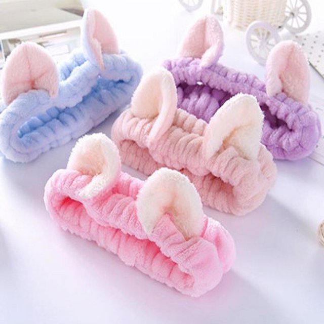 4 diademas con orejas de gato, diadema para ducha de spa, diadema para lavar la cara, diadema para maquillaje, envoltura de banda, tela colorida lavable, se adapta a todos los tamaños de cabeza