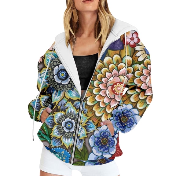 Jane Wardrobe Boho Mandala Floral All Over Print Zip Up Hoodie Women's Oversized Drawstring Pocket Bohemian Layering Jacket 1PC XS-XXXXXL Plus Size Friendly