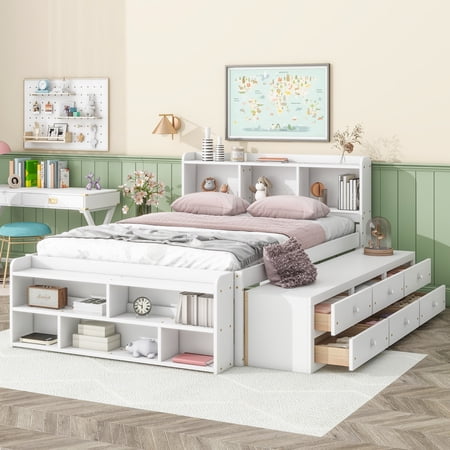 Noble House Full Bed with Bookcase Headboard 6 Storage Drawers and Bed-End Storage Pine Wood Frame White