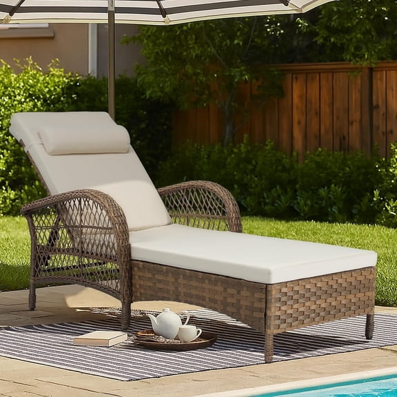 MEETWARM Outdoor Wicker Chaise Lounge Chair, PE Rattan Patio Chaise Lounger with 6-Level Adjustable Backrest, Cushions, Armrest & Headrest for Poolside, Beige