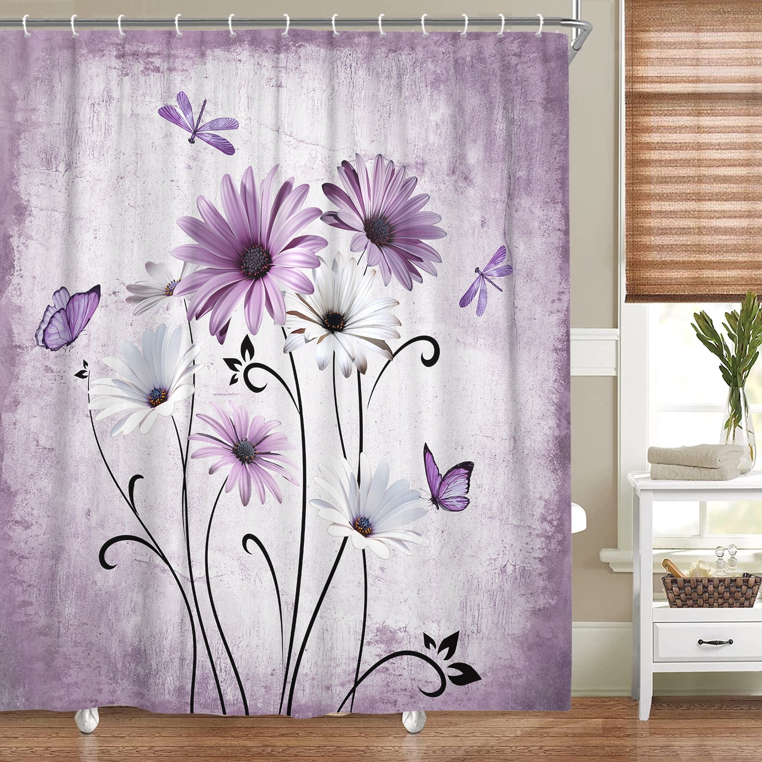 Rustic Boho Purple Shower Curtain Farmhouse Violet Daisy Floral Flowers Butterfly Dragonfly on Country Wooden Shower Curtain Set, Abstract Aesthetic Bathroom Accessory with Hooks, 70X70