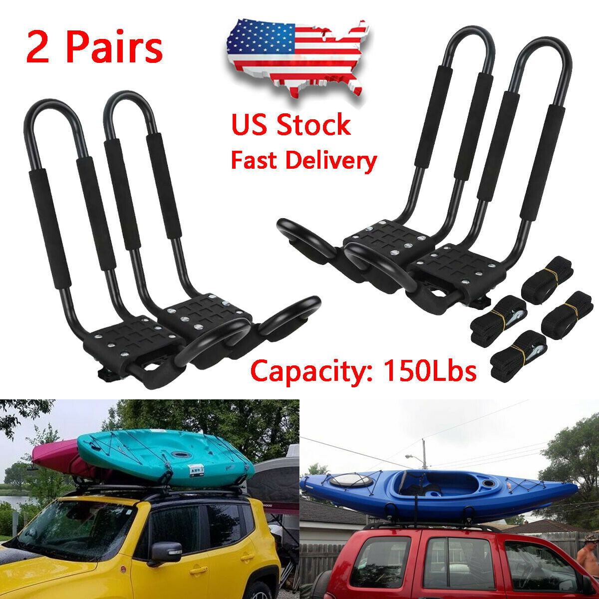 2×Multi-purpose Universal Roof J-Bar Rack Kayak Canoe Carrier Car SUV Top Mount 