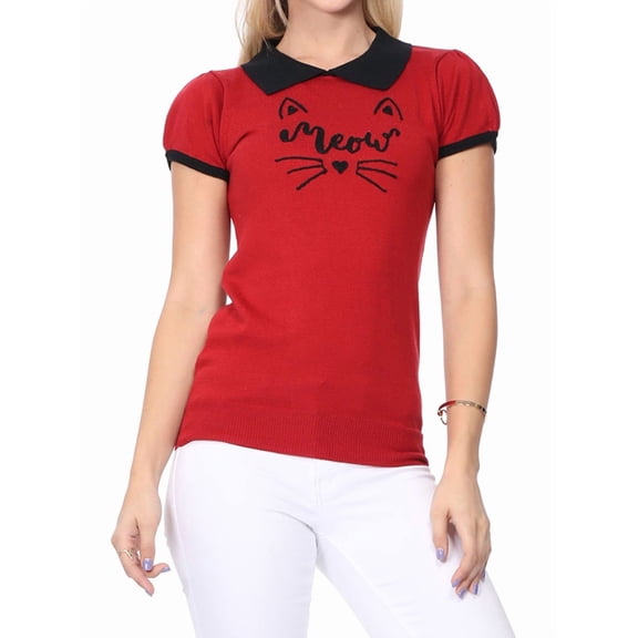 YEMAK Women's Meow Cat Contrast Collar Short Sleeve Pullover Sweater MK3591MEOW-RED/BLACK-S