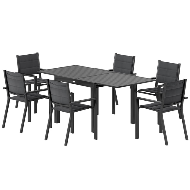 CoSoTower Patio Dining Set for 6, Aluminum Expandable Outdoor Table and 6 Stackable Chairs with Padded Back, Mesh Seat, Black