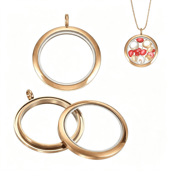 DESIGNICE Living Memory Locket Charm,Round Pendants Stainless Steel Clear Glass Photo Charm for Women Necklace Stainless Steel 304 Stainless Steel Gold Charms