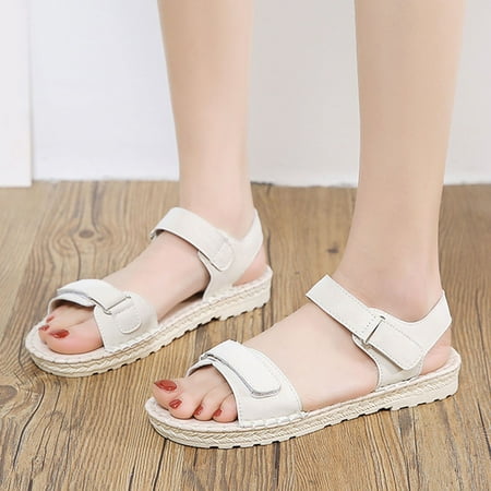 

uikmnh Women Shoes Fashion Summer Women Sandals Solid Color Thick Bottom Flat Hook Loop Casual Beige 6.5