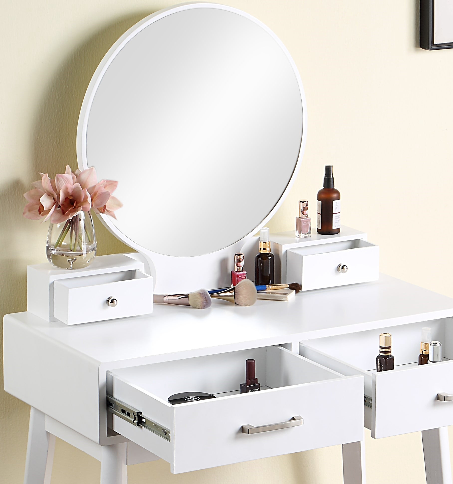 Mintazer Modern Vanity Table Set, Round Mirror Makeup Dressing Table with 4 Drawers & Upholstered Stool for Bedroom, White