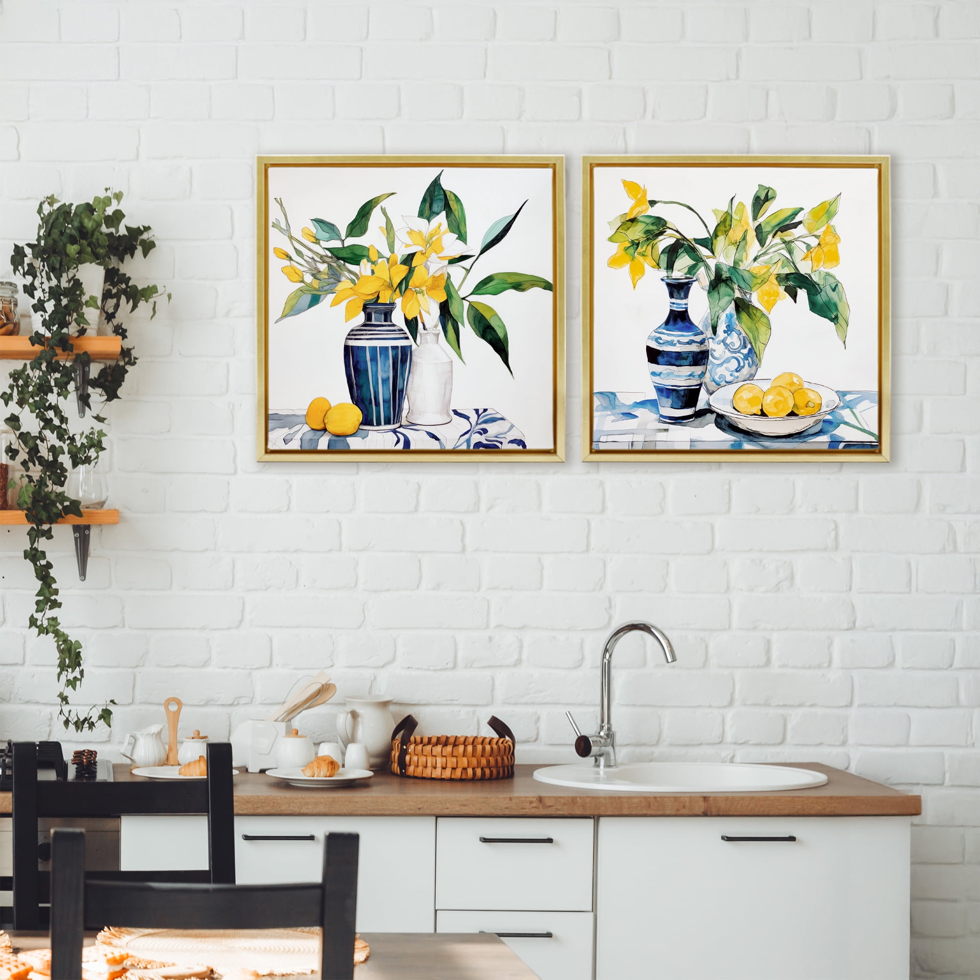 Stupell Industries Lemon Blooms Table Setting 2 Piece Gold Framed Floater Canvas Set, design by Ray Powers