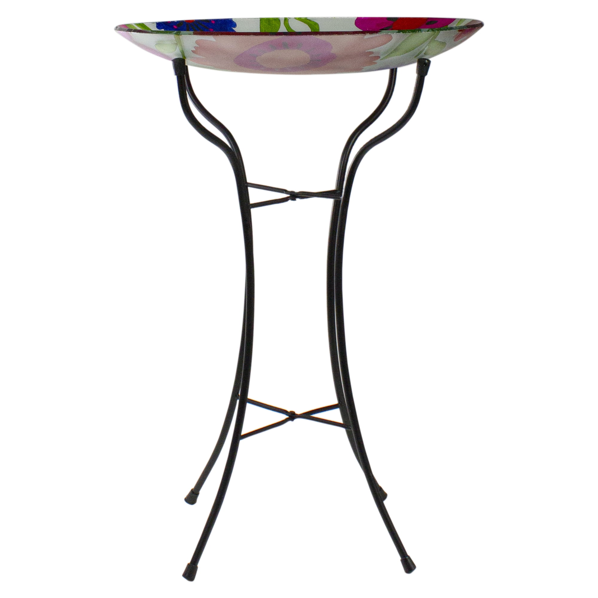 Northlight 18” Red and Blue Summer Flowers Hand Painted Glass Outdoor Patio Birdbath