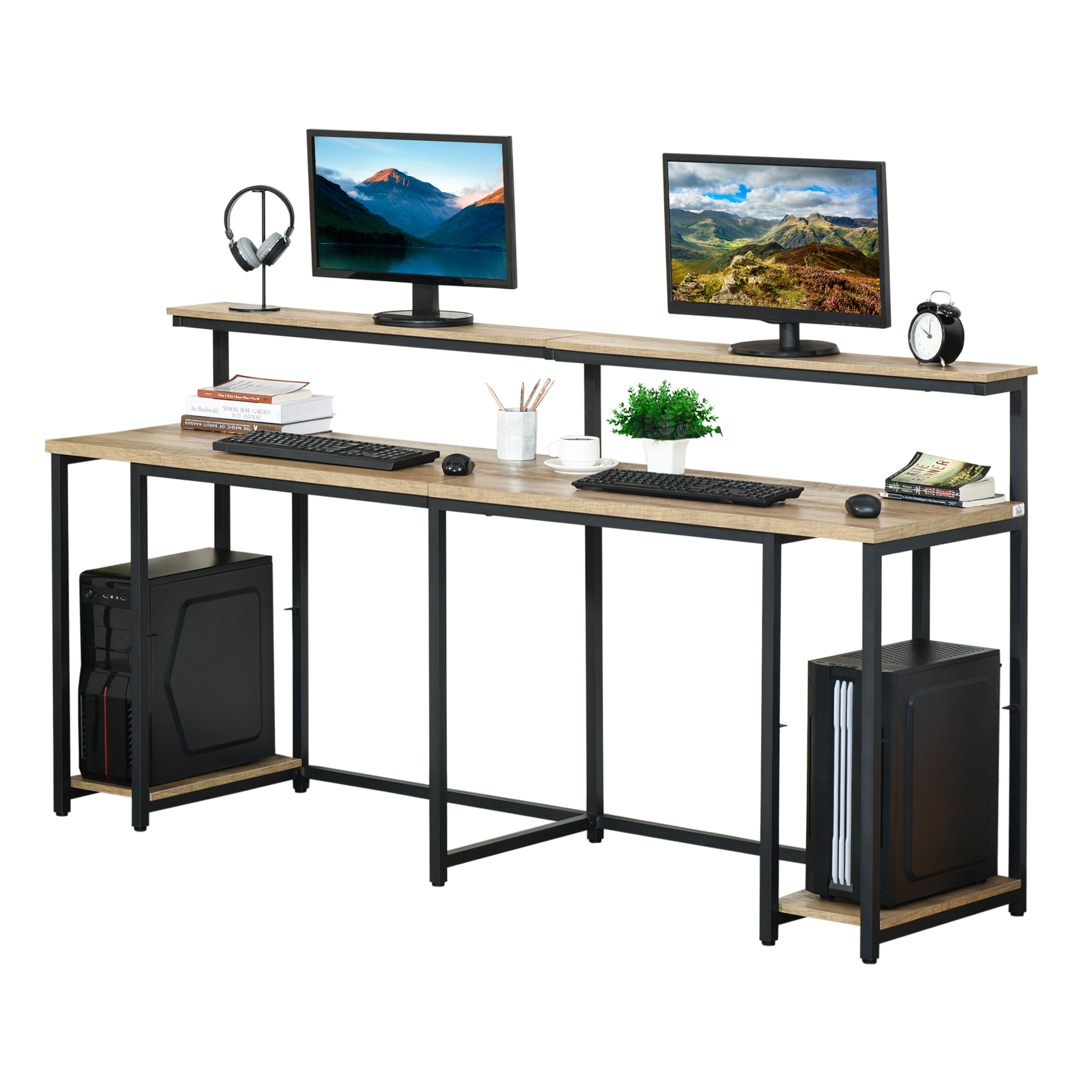 Two Person Home Office Desk with Elevated Monitor Shelf, Bottom