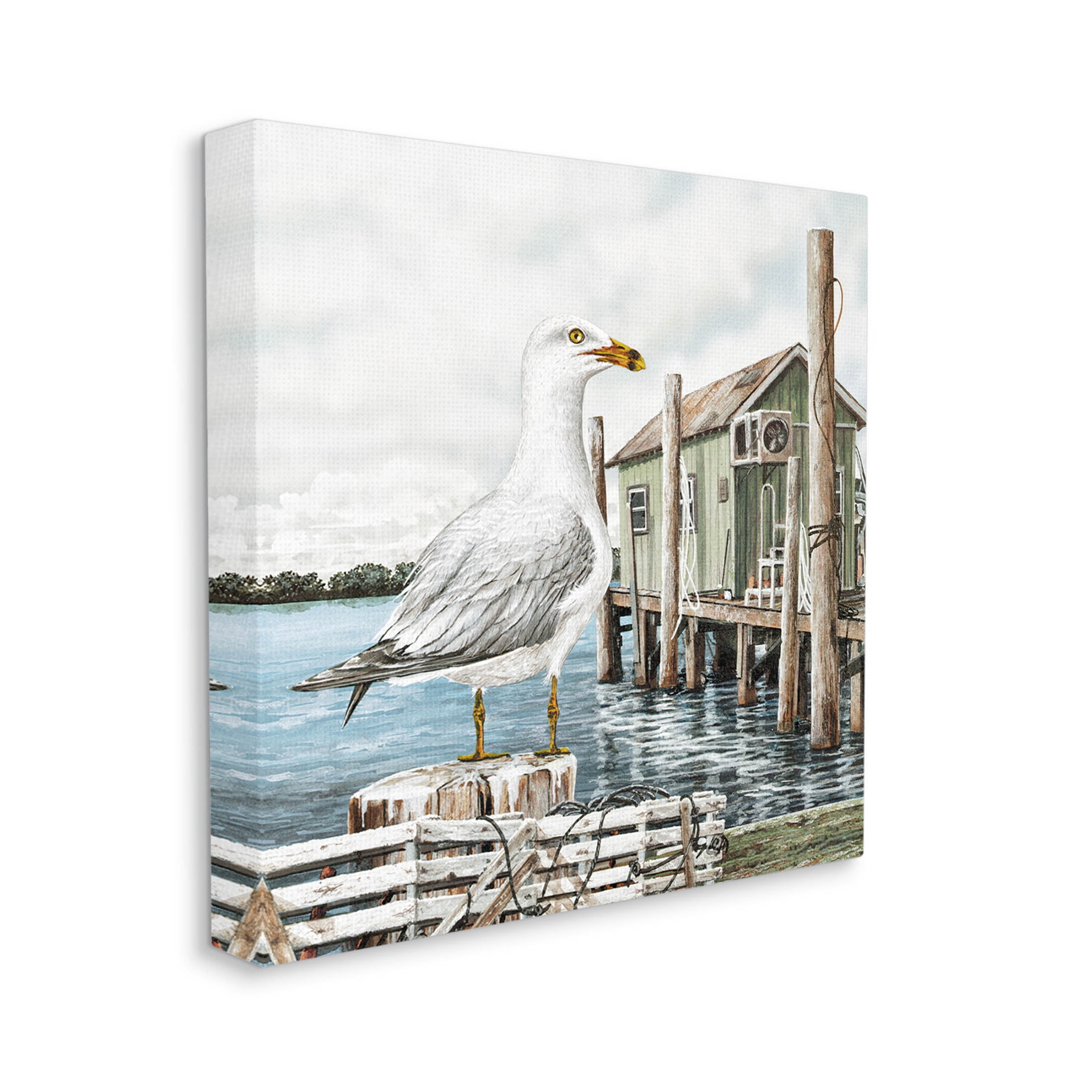Coastal Seagull Perched Dock Marina Animals & Insects Painting Gallery Wrapped Canvas Print Wall Art