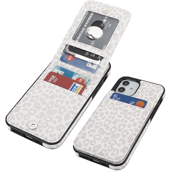 Compatible with iPhone 12 and iPhone 12 Pro Case Wallet with Credit Card Holder, White Leopard Cheetah Pattern Flip Premium PU Leather Magnetic Closure Shockproof Protective Cover 6.1"