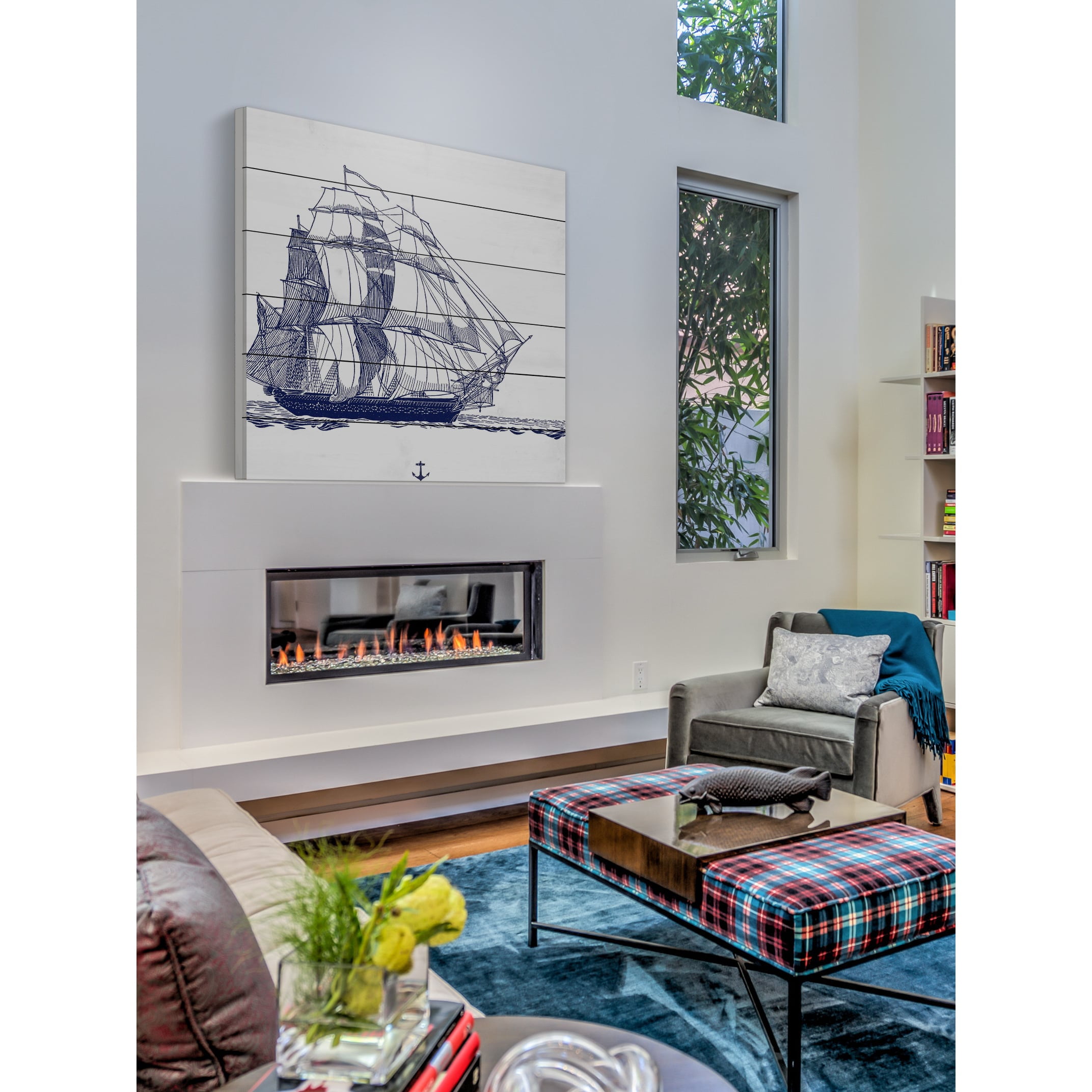 Marmont Hill "Blue Ship" Painting Print on White Wood