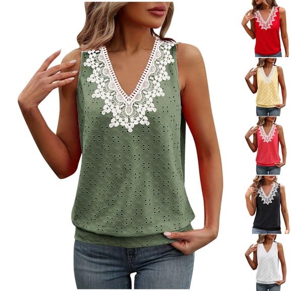 QIUOMBBP Womens Eyelets Tank Tops Lace V Neck Sleeveless Hollow Out Camisole Casual Business Outfits White L