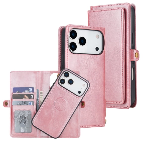 Allytechgroup 2 In 1 Wallet Case for Apple iPhone 17 Pro, Detachable Magnetic Case Compatible with Magsafe Cards Slots RFID Blocking Phone Case for Women Men, Rosegold