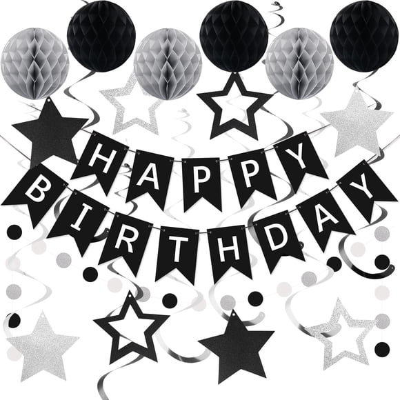 Decoraciones de cumpleaños meowtastic Happy Birthday en negro y plateado