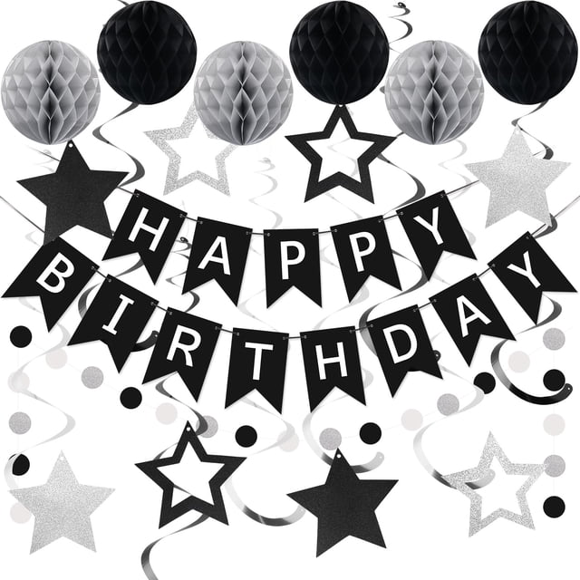Decoraciones de cumpleaños meowtastic Happy Birthday en negro y plateado