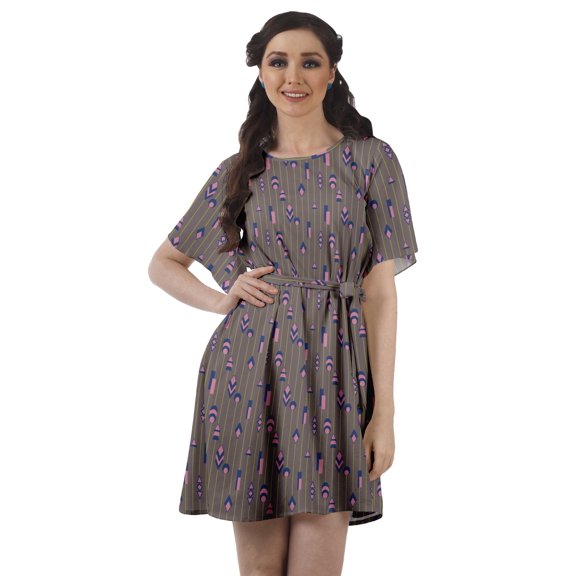 Moomaya Printed Jewel Neck A-Line Women Dress Casual Loose Bohemian Short Tunic