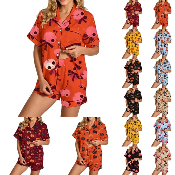 MuXiKeJi Clothes Womens Halloween Pajamas Set Silk Ghost Pumpkin Print Short Sleeve Button Top with Shorts Sleepwear Loungewear,Halloween Silk pj Set