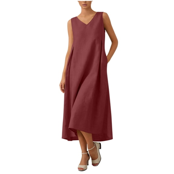Edvintorg Casual Summer Dresses for Women Sleeveless Shift Beach Midi Dress with Pockets Vacation Dresses for Women Wine XXL
