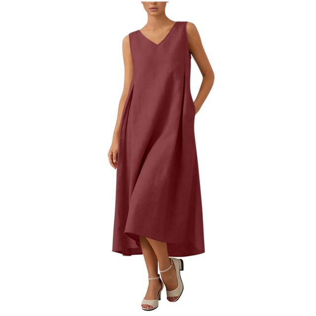 Vestido Corto para Mujeres Moda de Verano Sólido Cuello en V sin Mangas Bolsillo Plisado Vestido Casual Diario
