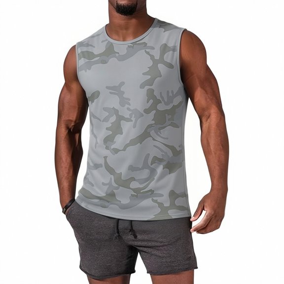 DORKASM Men's Camo Print Sleeveless Workout Tank Top Quick Dry Gym Muscle Shirt Athletic Tee Light Gray M