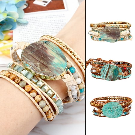 Ocean Jasper Stone - LuckyFine Bohemian Ocean Jasper Stone Bracelet Gypsy Chic Leather Wrap Beaded Bangle