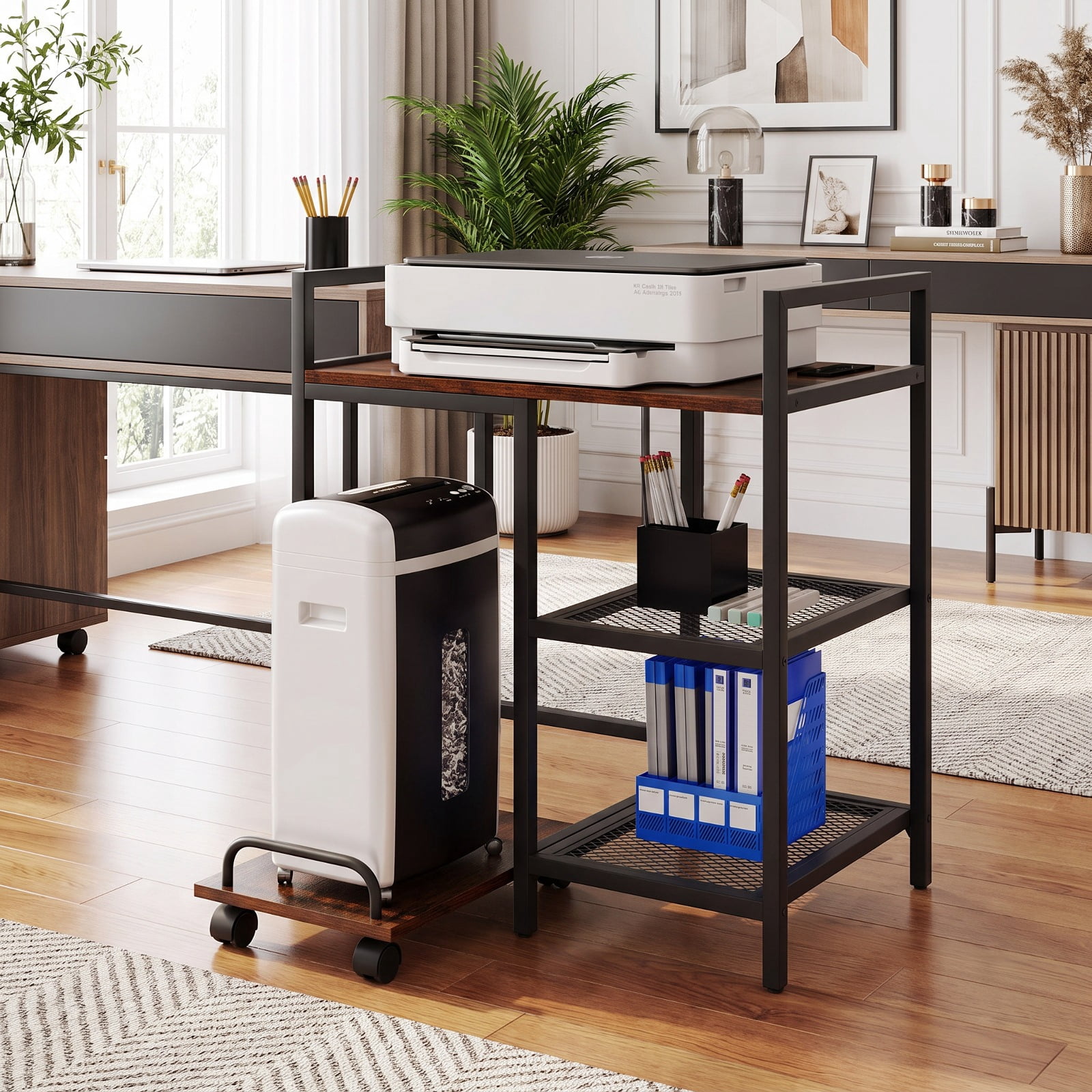 Furnibear Printer Stand with Charging Station and Storage Shelves for Home Office Printer Machine Under Desk Storage, Rustic Brown