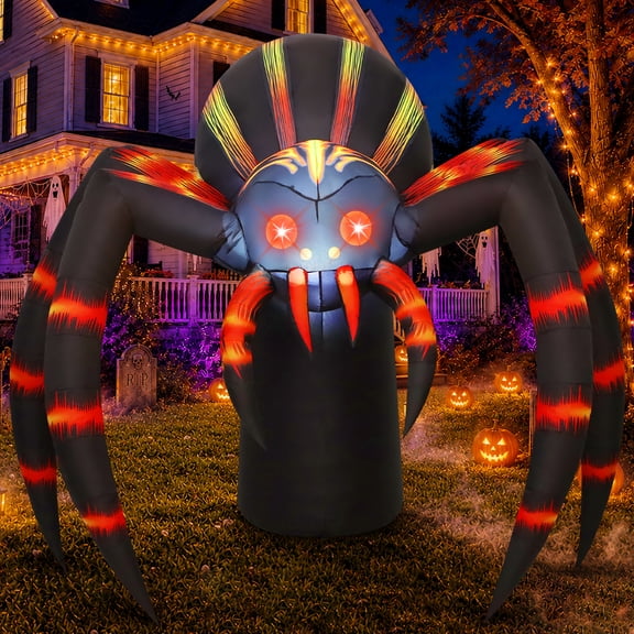 COMIN 7 FT Lighted Halloween Inflatable Spider with Orange Striped Legs for Halloween Holiday