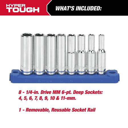 HYPER TOUGH 19-PIECE 1/4 INCH DRIVE DEEP RATCHET AND SOCKET SET (SAE AND MM)