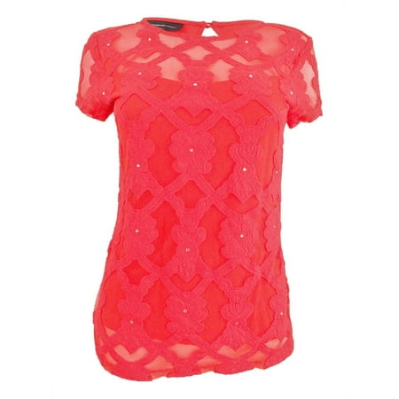 INC International Concepts Women's Embroidered Illusion Top (PM, Hibiscus Bloom)