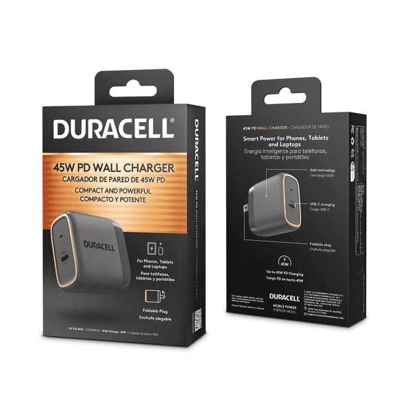 Duracell 45W PD Type-C Fast Charging Wall Charger with Folding Plugs