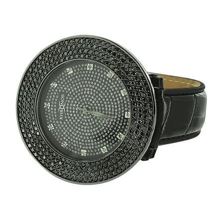 Custom Bezel - Black Leather Band Watch Real Diamonds Custom Mens 62mm Black Iced Out Bezel Stainless Steel Back