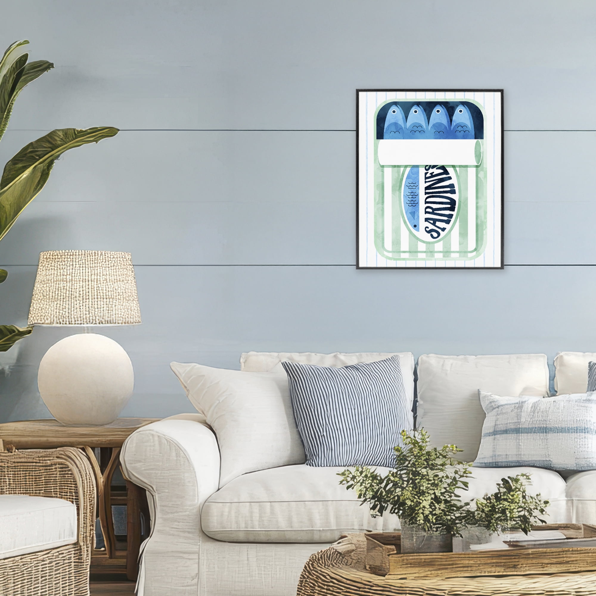 Seafoam Sardine Tin over Stripes Black Framed Giclee Art, design by Daphne Polselli