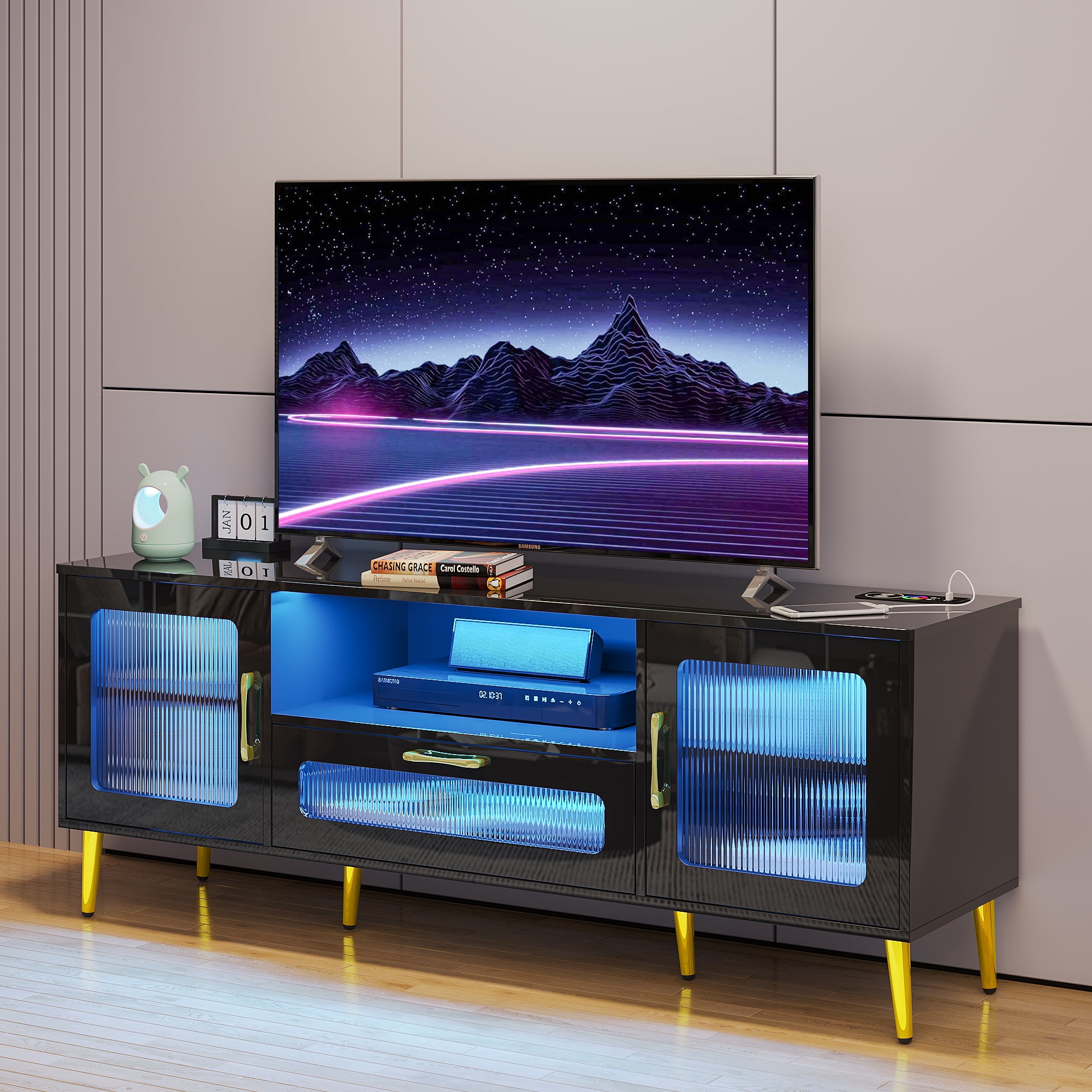 HNEBC Black TV Stands with Wireless/USB/Typc Charging, GRB LED TV Stand