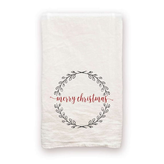Merry Christmas Wreath - 100% Cotton Decorative Tea Towel Flour Sack Christmas Gift