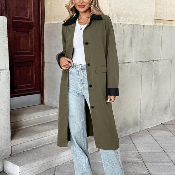 SOOMLON Trench Coats for Women Mid Length Button Windproof Barn Jacket Pockets Long Sleeve Collar Overcoat Fall Clothes