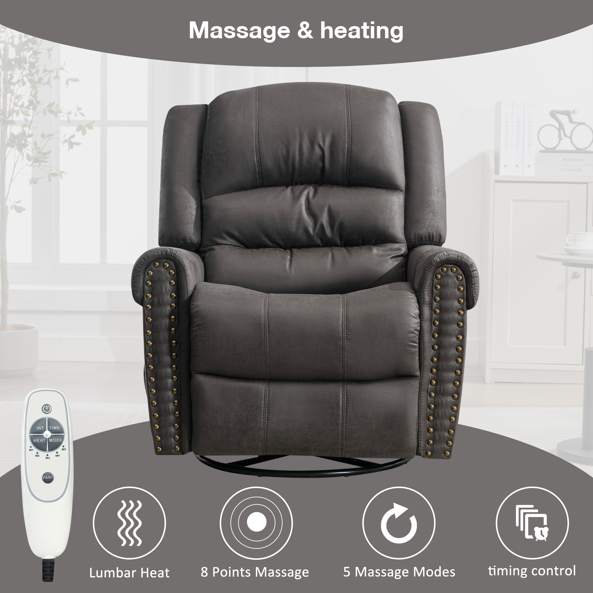 DEALTOPS Oversized Manual Recliner Heating massage Chair with USB Port and Rocking for Living Room, Leather, Gray