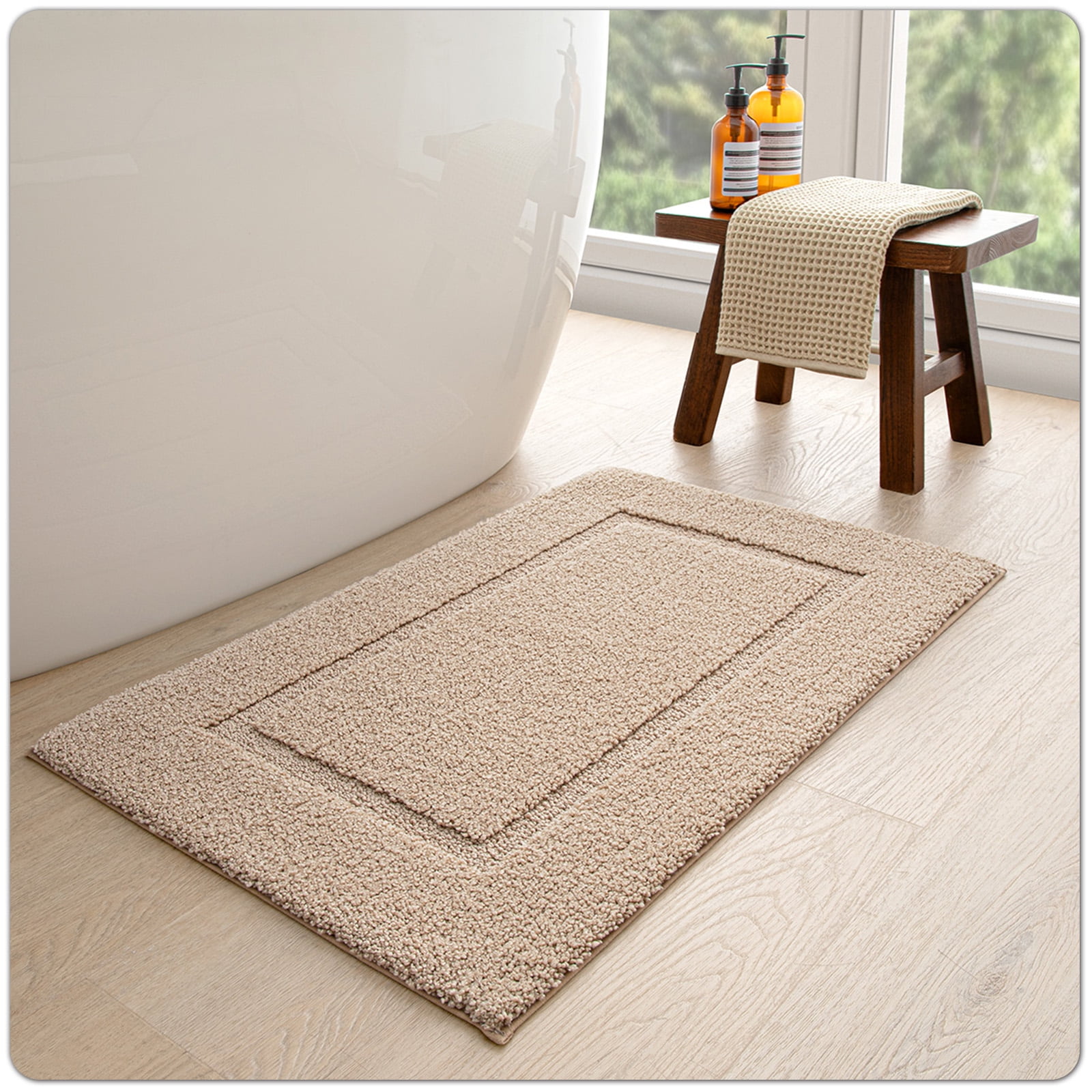 OEAKAY Traditional Shag Bath Mat, Beige Soft Microfiber Bathroom Rug for Bathroom Floor, 20"x32", Machine Washable, Super Absorbent and Non-Slip